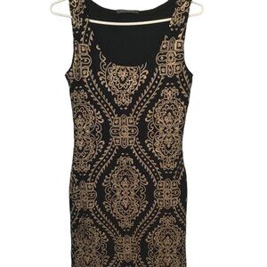 Skinny Bodycon Dress, Black with Gold Design and Sequins